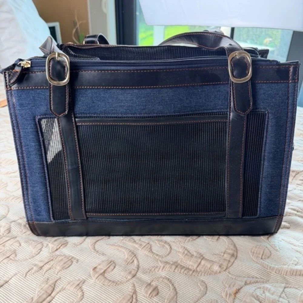 A Pet with Paws Denim Pet Carrier Bag Blue Black Small Dog Cat Tote Travel Case